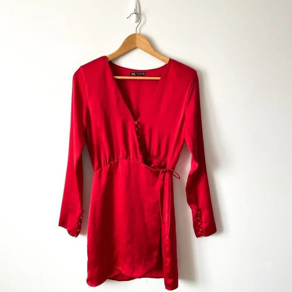 Zara Satin  Effect Long Sleeve Wrap Shirt Dress Red Size Medium - Picture 6 of 10